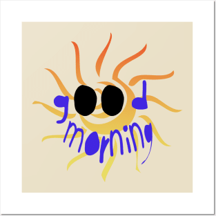 Good morning, blue handwritten letters, greeting the day, against the background of an orange sun Posters and Art